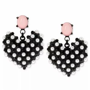 Betsey Johnson Black-Tone Imitation Pearl Heart Earrings